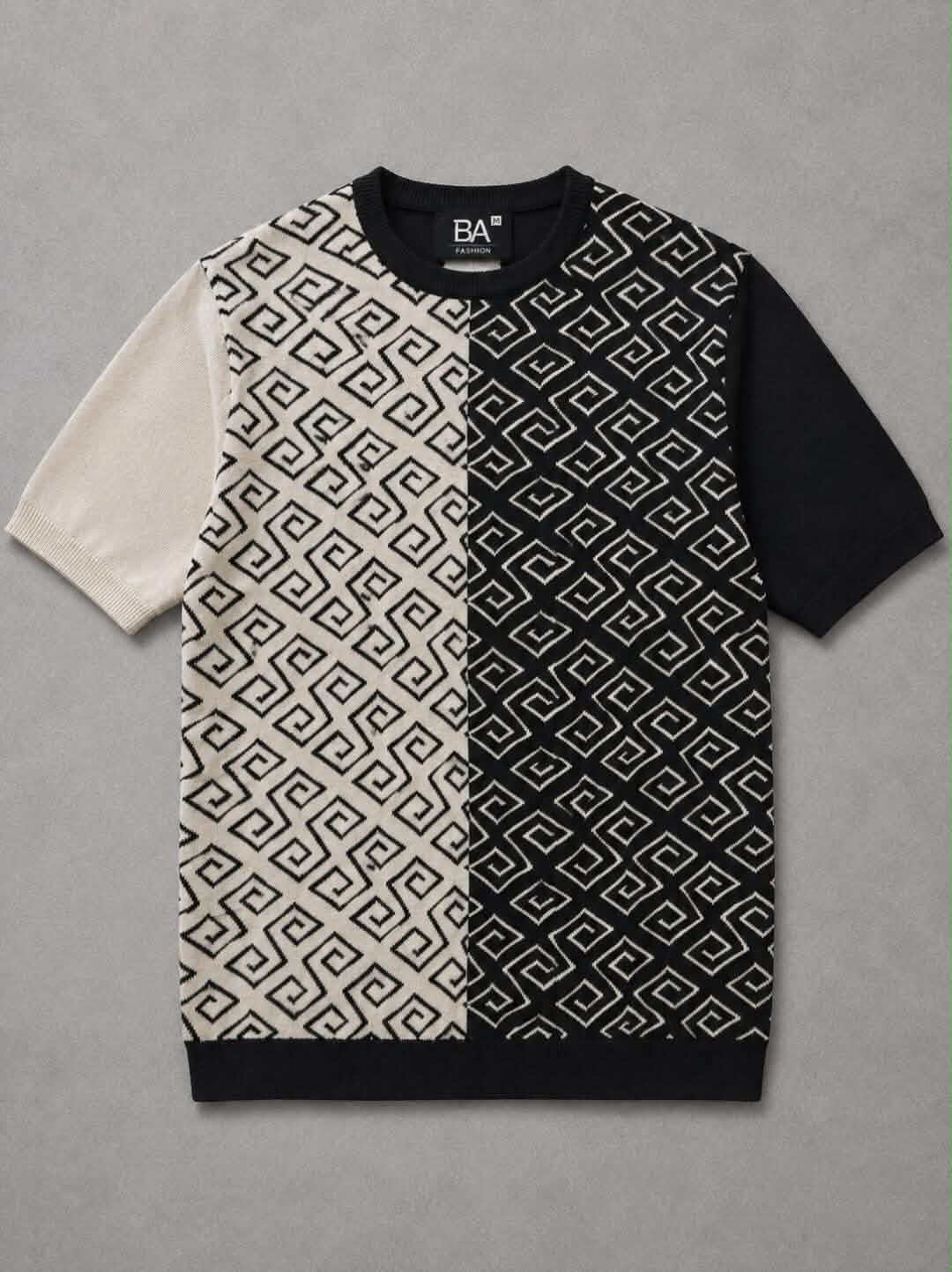 Premium Black & White Crew Neck Knitted T-Shirt for Men