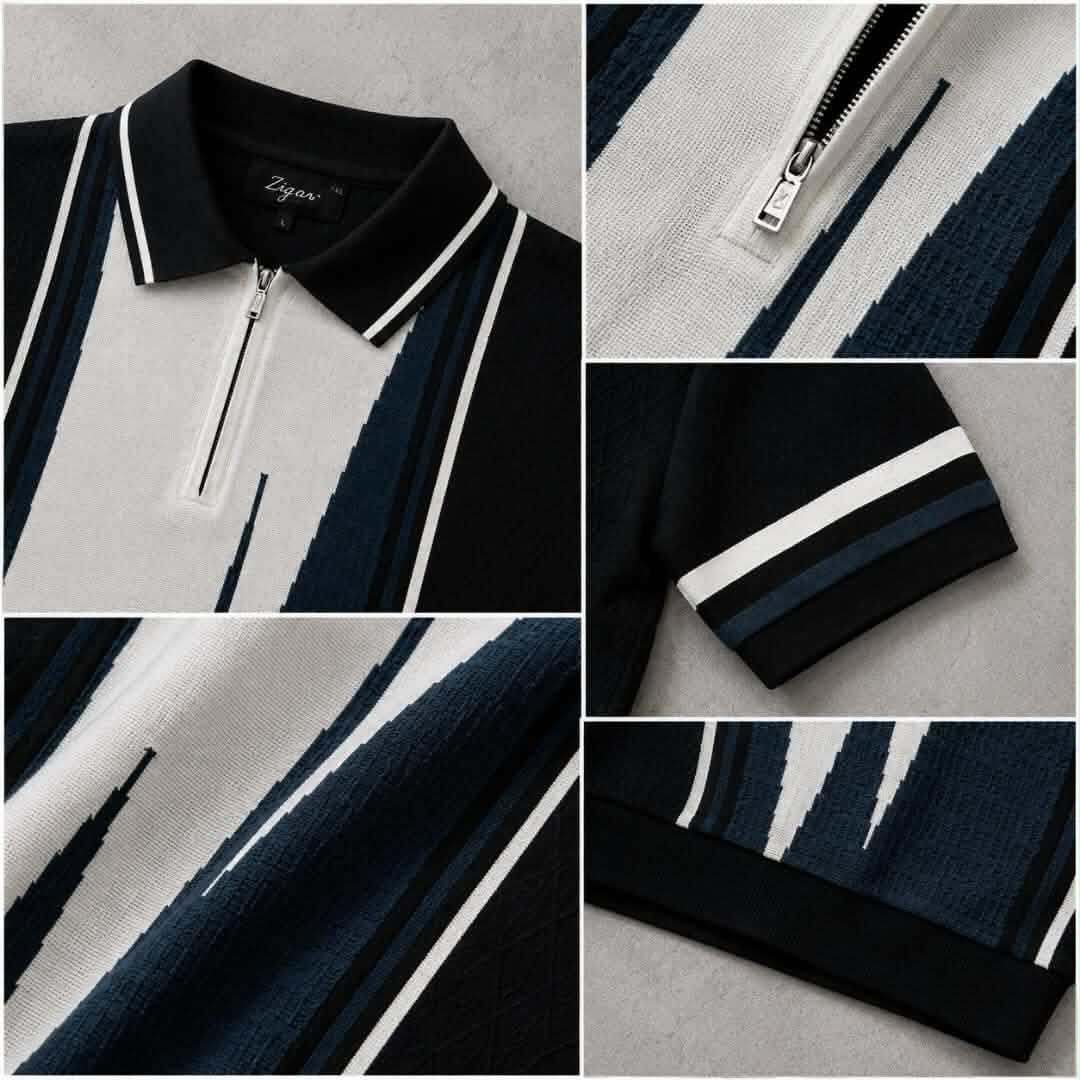 Premium Black & Teal Knitted Zipper Polo T-Shirt for Men