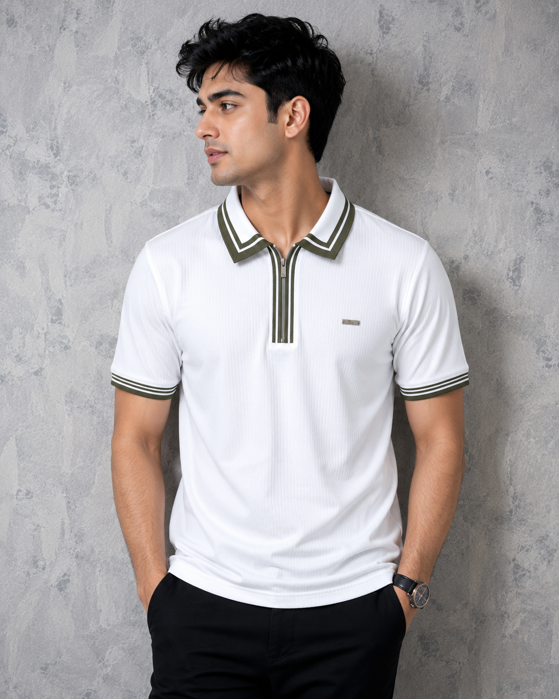 Premium Ribbed Zip Polo T-Shirt for Men - White