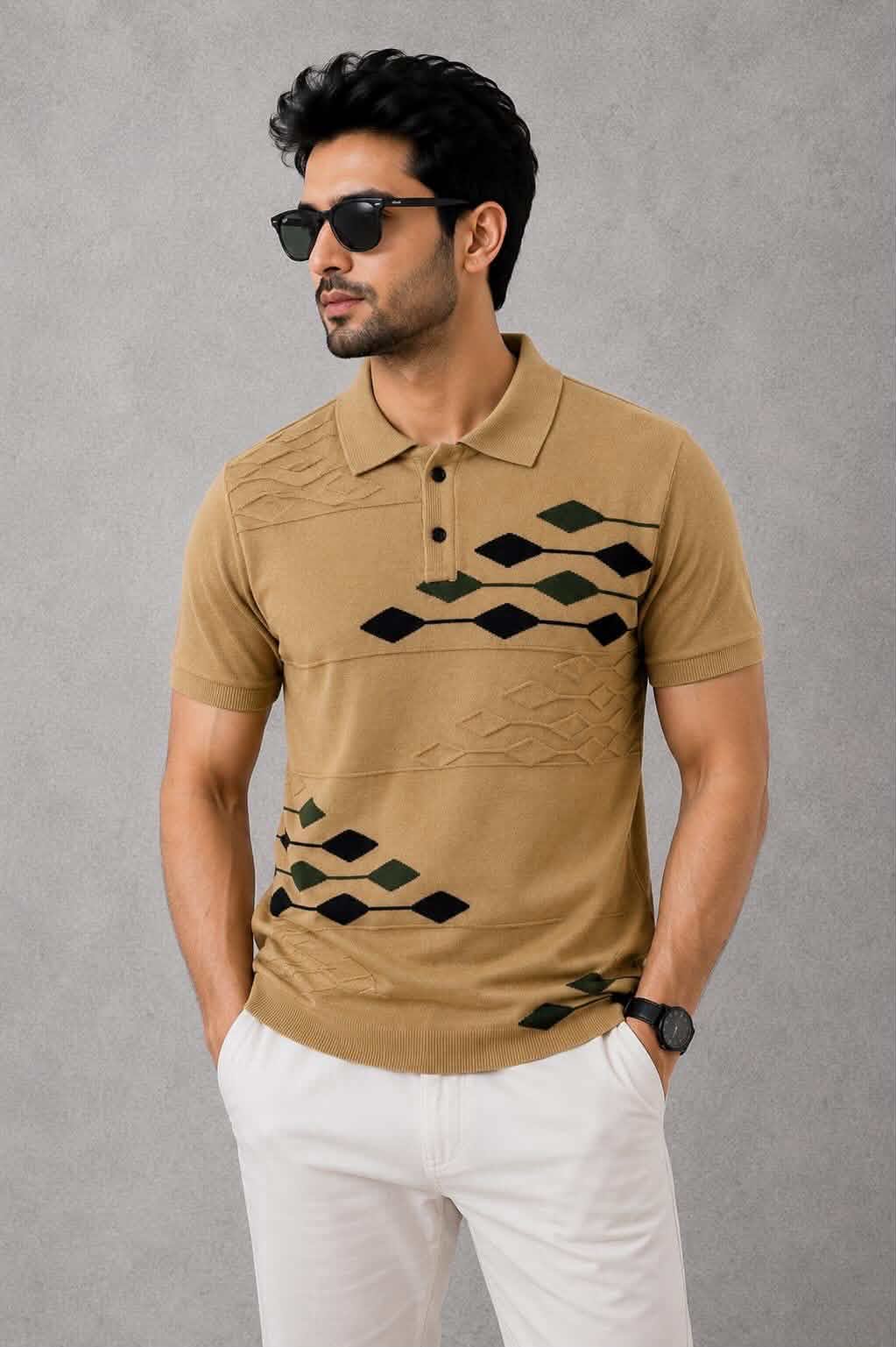 Men's Knitted Polo T-Shirt - Geometric Pattern Slim Fit | Khaki
