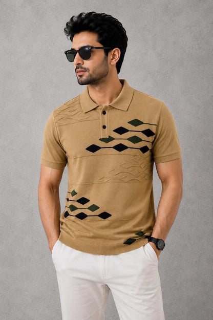 Men's Knitted Polo T-Shirt - Geometric Pattern Slim Fit | Khaki