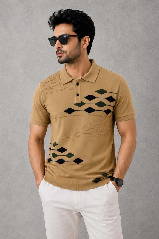 Men's Knitted Polo T-Shirt - Geometric Pattern Slim Fit | Khaki