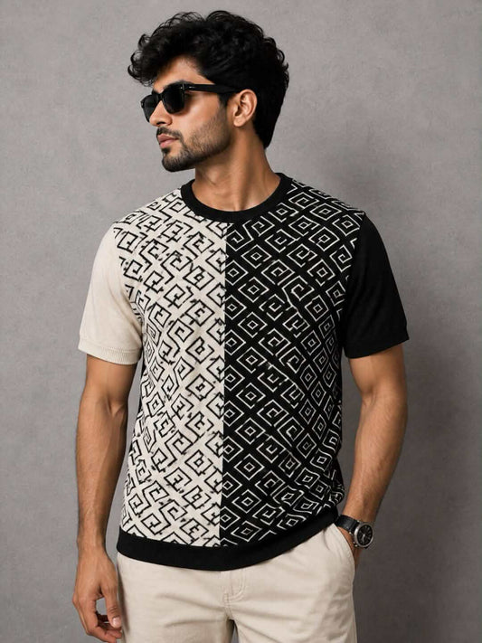 Premium Black & White Crew Neck Knitted T-Shirt for Men